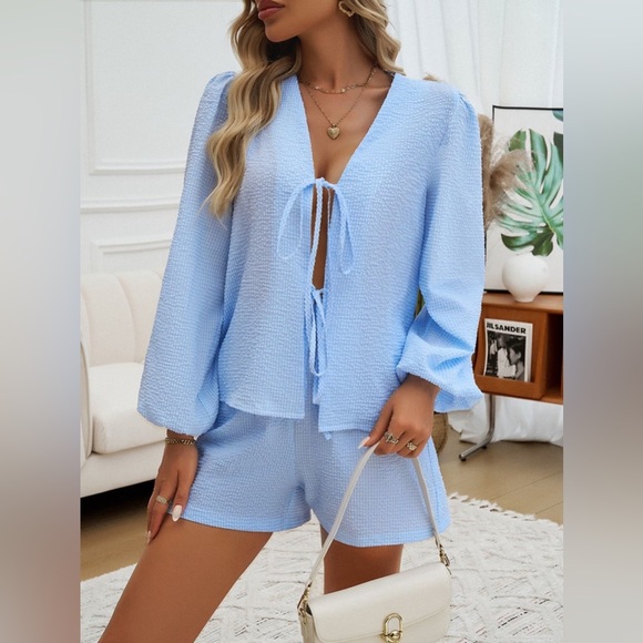 Tie front long sleeve lounge set light blue - Picture 3 of 10